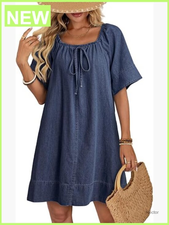 Dresses & Skirts - Lightweight Flowy Denim Dress Square Neck Short Sleeve Tie Knot Front